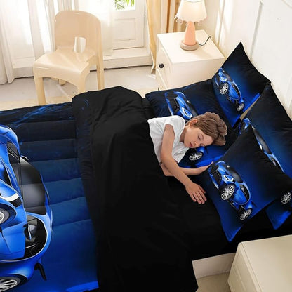 Feelyou Sports Car 7 Piece Bedding Set Blue Race Car Comforter Set with Sheets for Kids Boys Girls Extreme Sports Theme Bed in a Bag Cool Speed Luxury Car Decor Bed Set with 1 Pillowcase Twin