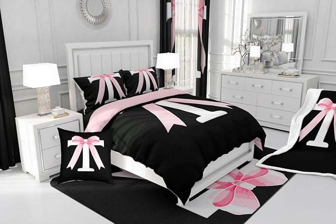 jejeloiu Kawaii Pink Bow Full Comforter Set with Sheets,Gifts for Women Teen Girl,Monogrammed 7 Piece Bedding Set,Soft Personalized Initial Letter T Bed in a Bag with Comforter,Sheets,Pillowcases
