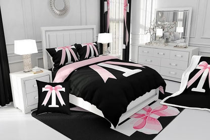 jejeloiu Kawaii Pink Bow Full Comforter Set with Sheets,Gifts for Women Teen Girl,Monogrammed 7 Piece Bedding Set,Soft Personalized Initial Letter T Bed in a Bag with Comforter,Sheets,Pillowcases