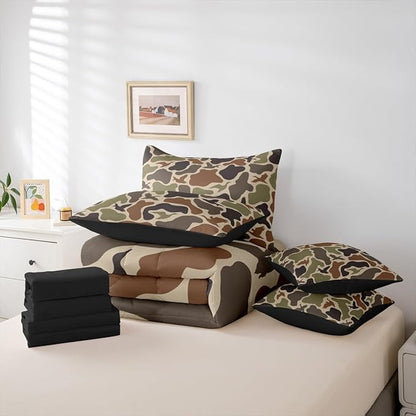 Erosebridal Green Camo 7 Pcs Comforter Set Full Duck Huner Bedding Set Army Hunting Comforter for Teens Men Camouflage Military Bed in A Bag Sheet Set Boys Wild Woodland Rustic Bedroom Decor