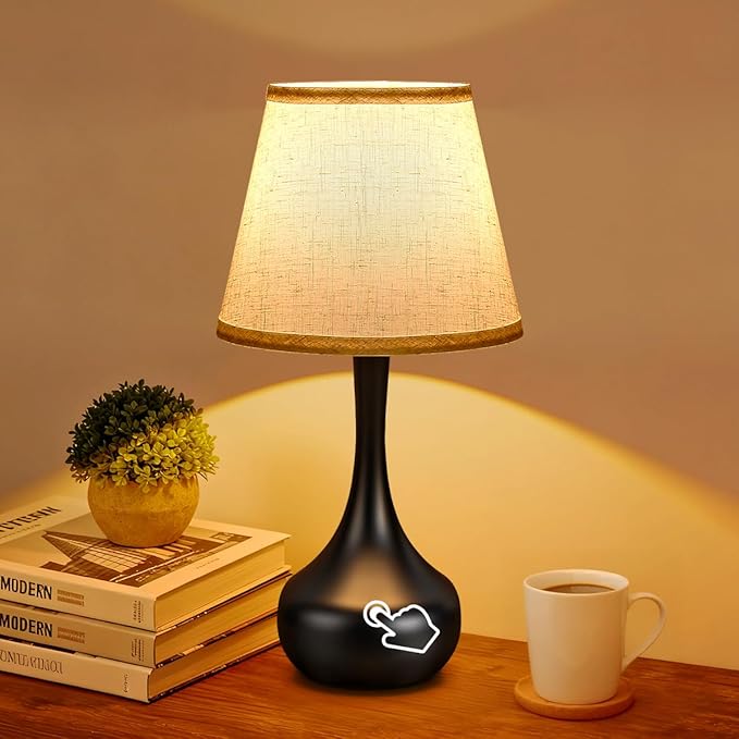 3-Way Dimmable Touch Table Lamps for Nightstand - Small Bedside Lamps with Fabric Shade in Black, Farmhouse Style Desk Lamp for Bedroom, Kids Room, Living Room, Home Office & Reading (Black)
