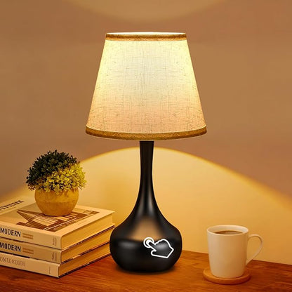 3-Way Dimmable Touch Table Lamps for Nightstand - Small Bedside Lamps with Fabric Shade in Black, Farmhouse Style Desk Lamp for Bedroom, Kids Room, Living Room, Home Office & Reading (Black)