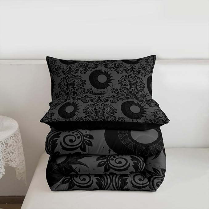 Feelyou Adults Gothic Comforter Set Full Size Dark Olive Green Damask Bedding Set for Kids Boys Girls Sun and Moon Duvet Quilt Bedroom Decor Microfiber 3 Pcs with 2 Pillow Cases