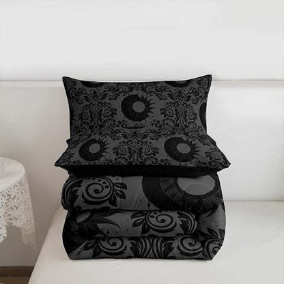 Feelyou Adults Gothic Comforter Set Toddler Size Dark Olive Green Damask Bedding Set for Kids Boys Girls Sun and Moon Duvet Quilt Bedroom Decor Microfiber 2 Pcs with 1 Pillow Cases