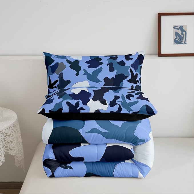 Erosebridal Camo Comforter Set King Size Duck Hunter Bedding for Kids Boys Men Army Camouflage Hunting Bedding Comforter Sets Vintage Blue Black Room Decor Wild Animal Duck Rustic Duvet Insert