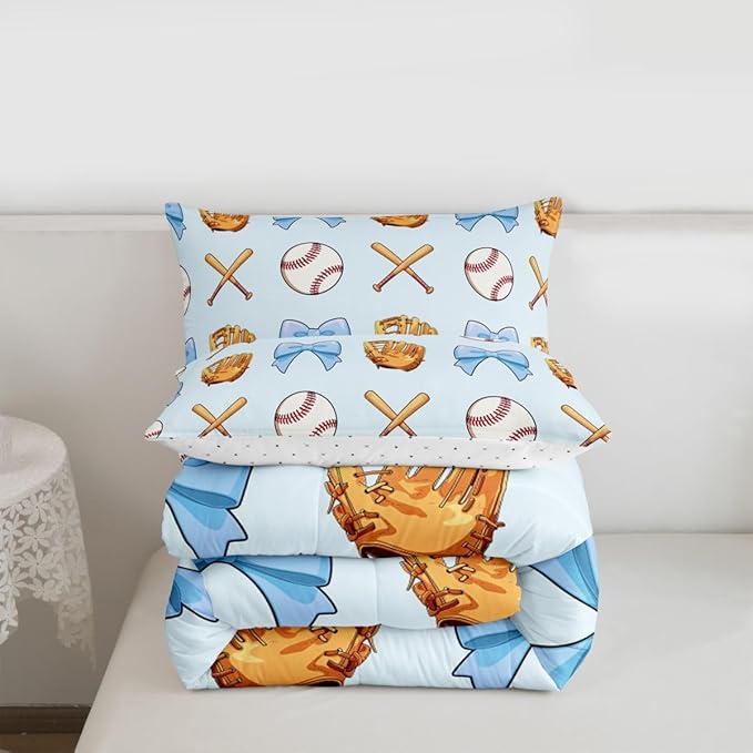 Baseball Bowknot Comforter Set Twin Size,Blue Bow Tie Knot Bedding Sets 2Pcs for Kids Girls Boys Women Room Decor,Baseball Bat Gloves Duvet Insert Ball Sport Games Down Comforter,1 Pillowcase