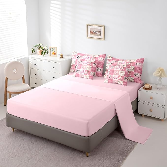 Feelyou Pink Western Decor Comforter Set with Sheets Twin Size Kids West Cowboy Plaid 7 Pieces Bedding Set for Boys Girls Teens Rodeo Cowboy Grid Bed in a Bag Grunge Design Bed Set Cactus
