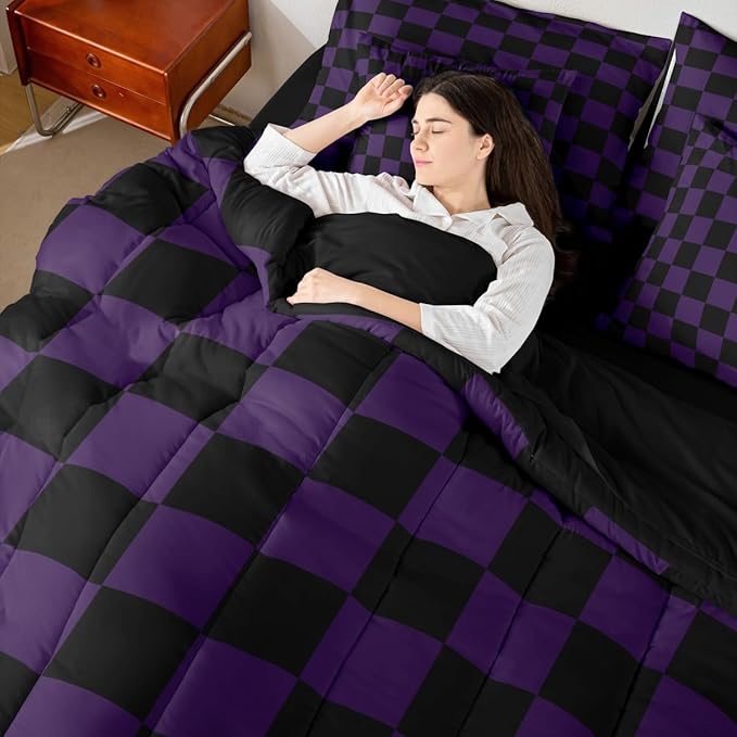 Feelyou Checkered Queen Comforter Set with Sheets for Kids Boys Girls Purple Black Plaid 7 Pieces Bedding Set Cute Retro Neutral Checkerboard Geometric Bed in a Bag Vintage Aesthetic Room Decor Soft