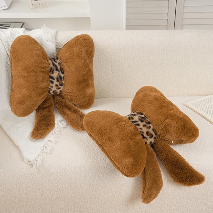 2Pack Soft Furry Bow Throw Pillows Cute Bowknot Plush Pillow Home Decor Stuffed Bow Lumbar Pillow for Bed Couch Living Room Decor (Brown)