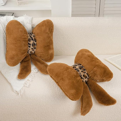 2Pack Soft Furry Bow Throw Pillows Cute Bowknot Plush Pillow Home Decor Stuffed Bow Lumbar Pillow for Bed Couch Living Room Decor (Brown)