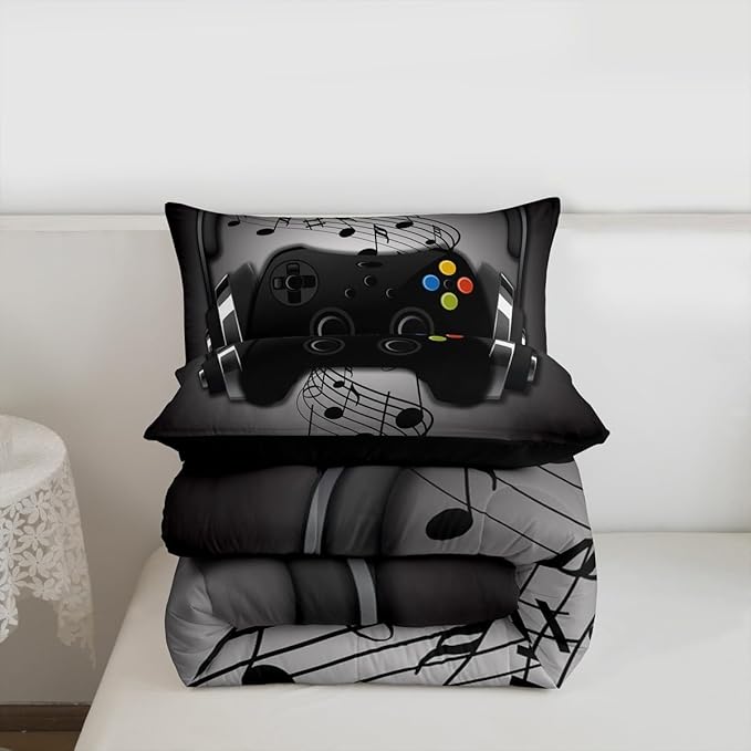 Gamer Comforter Set Queen Size,Black Grey Headphones Musical Design Games Gamepad Bedding Set for Kids Boys Video Game Room Decor Retro Playing Gamer Down Comforter Gaming Controller Quilted Duvet Set