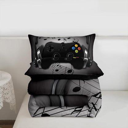 Gamer Comforter Set Twin Size,Black Grey Headphones Musical Design Games Gamepad Bedding Set for Kids Boys Video Game Room Decor Retro Playing Gamer Down Comforter Gaming Controller Quilted Duvet Set
