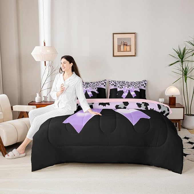 Feelyou Purple Silk Bowknot 7 Piece Bedding Set Queen Size Grey Leopard Comforter Set with Sheets for Kids Girls Women Black Purple Bed in a Bag Sweet Romantic Bed Set