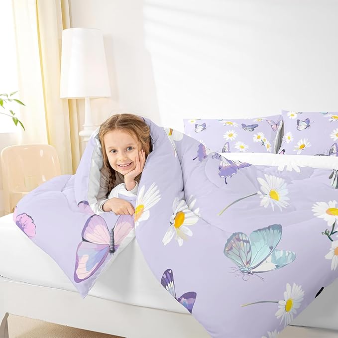 Manfei Purple Comforter Set King Size, Daisy Flower Butterfly Bedding Set 3pcs for Kids Boy Girls Room Decor, Botanical Garden Artwork Quilt Set Soft Polyester Duvet Set with 2 Pillowcases
