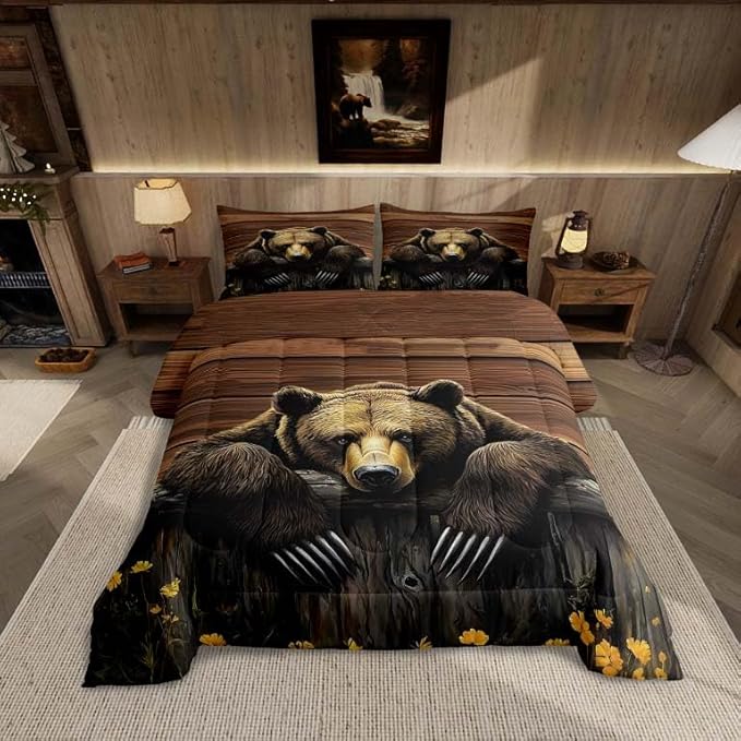 Feelyou Kids Bear Comforter Set Twin Size Rustic Cabin Country Bedding Set for Boys Girls Wood Farmhouse Comforter Adult Duvet Set,1 Comforter+ 1 Pillow Shams,Brown Yellow