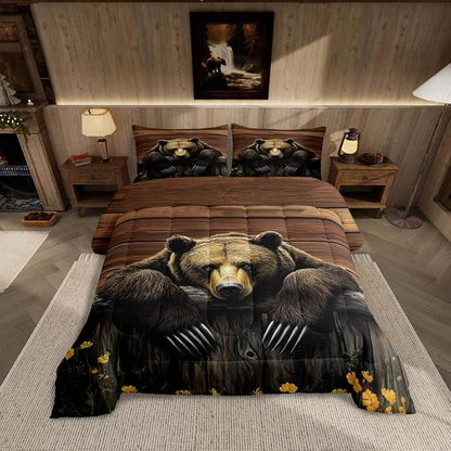 Feelyou Kids Bear Comforter Set Full Size Rustic Cabin Country Bedding Set for Boys Girls Wood Farmhouse Comforter Adult Duvet Set,1 Comforter+ 2 Pillow Shams,Brown Yellow