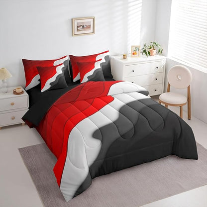 Red Grey Black Ombre Bedding Comforter Sets 7pcs Kids Teens Adults Geometric Stripe Bed in a Bag, Aesthetic Wave King Bedding Sets Modern Abstract Comforter Set, Gradient Bedding Sets & Collections