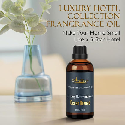 Hotel Diffuser Oil Inspired by Iconic Luxury Hotel Ocean Breeze Edition Scent, OliveTech Aromatherapy Fragrance Oil for Cold Air & Ultrasonic Diffusers, 100ml / 3.38 ft oz Glass Bottle