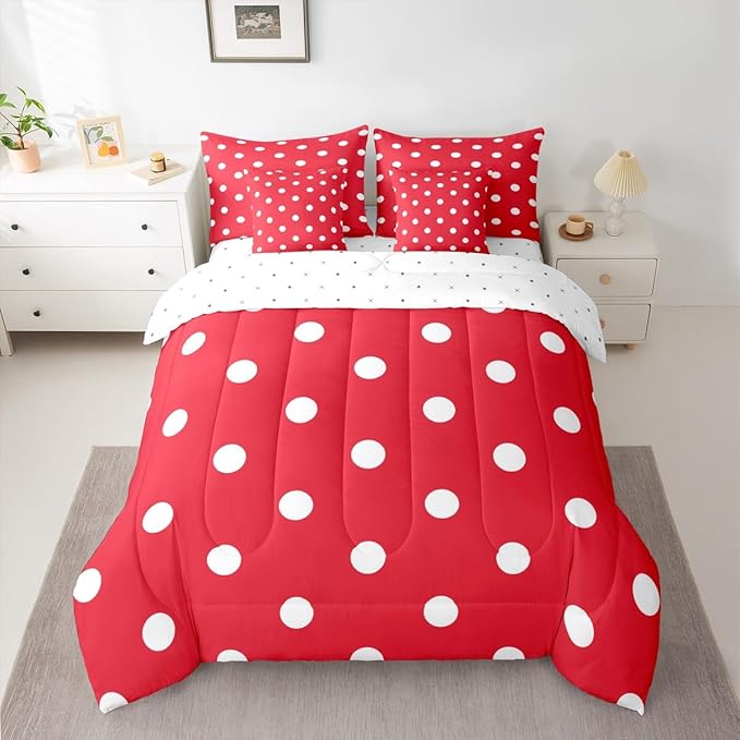 Feelyou Polka Dot 7 Piece Bedding Set Red White Comforter Set with Sheets for Kids Boys Girls Geometric Plaid Bed in a Bag Modern Cute Bed Set Soft Lightweight
