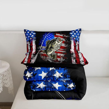 Big Pike Fish Bedding,American Flag Grunge Stripes Print Comforter Set Bass Fishing Comforter Set,Small Fish Pattern Hunting and Fishing Duvet Insert Farmhouse Decor Quilt with 1 Pillowcase Twin