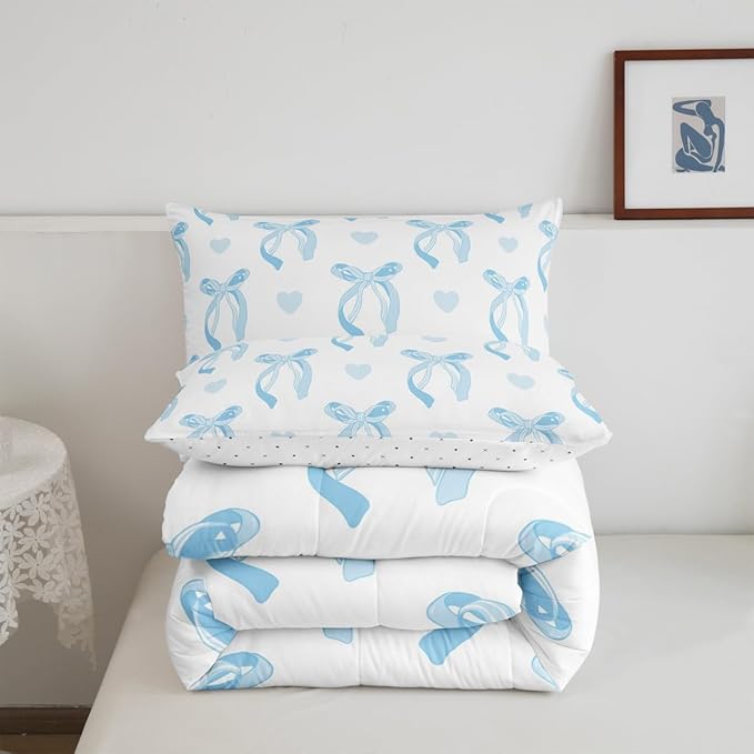 jejeloiu Cute Blue Bow Bedding Set Twin Size Ribbon Bow Comforter Set for Kids Women Cartoon Love Heart Duvet Set Blue White Quilt Set 2Pcs