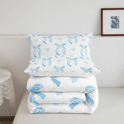 jejeloiu Cute Blue Bow Bedding Set Twin Size Ribbon Bow Comforter Set for Kids Women Cartoon Love Heart Duvet Set Blue White Quilt Set 2Pcs