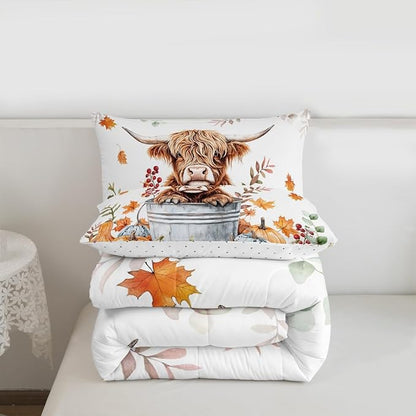 Highland Cow Bedding Set Toddler Size Cute Farm Animals Rustic Comforter Set for Kids Teens Bedroom Decor Fall Maple Leaf Pumpkin Soft Polyester Quilt Duvet Orange Duvet Insert,1 Pillowcase
