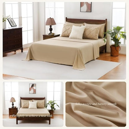 Sheet&Joy Full Size Comforter Set,7-Piece Bed in a Bag Double, Pintuck Bedding Set for All Season, Includes Comforter, Flat Sheet, Fitted Sheet, Pillowcases and Pillowshams, Khaki