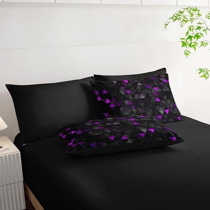 Geometric Violet Black Triangle Twin Size Comforter Set,Light Honeycomb Bedding Set 7 Piece in A Bag,Bed Sheet Set Geometry Decor,Microfiber Lightweight All Season