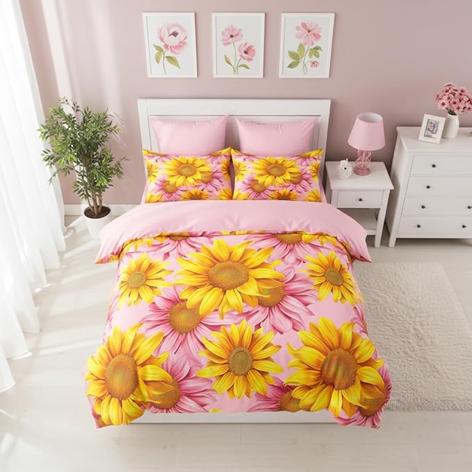 Sunflower Comforter Set Full Size, Pink Yellow Bedding Set, 3 Pieces Oil Painting Bedroom Decor with 2 Pillowcases/79 * 90