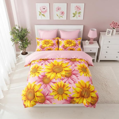 Girls Pink Sunflower Comforter Set Twin Size, Yellow Flowers Soft Bedding Set for Kids, 3 Pcs Watercolor Botanical Floral Bedroom Decor Quilt with 1 Pillowcases, 68"x86"