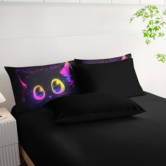 Cute Cat Kids Comforter Set King Size 7pcs Black in Dark 3D Digital Animals Printed Pattern Comforter Set for Kids Boys Girls Adults Animal Print Room Decor