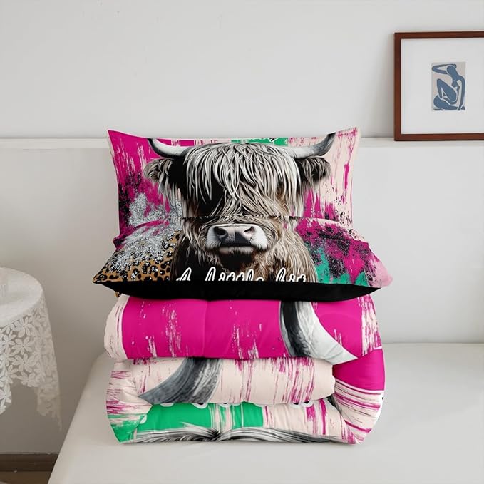 Erosebridal Highland Cow Bedding Set Leopard Print Down Comforter for Boys Teens,Hippie Bull Cattle Comforter Set Wildlife Farmhouse Cow Duvet Filler,Western Funny Animal Room Decor Queen Size
