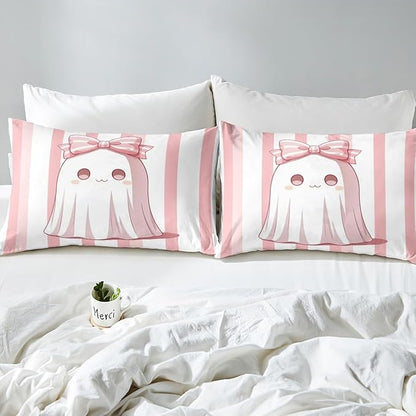 Erosebridal Girls Halloween Decor Queen Comforter Set, Pink Ghost Pink Bow Bedding Set for Kids Boys Youth Adults Kawaii Room Decor, Bows Comforter Abstract Stripes Holloween Quilt with 2 Pillowcases