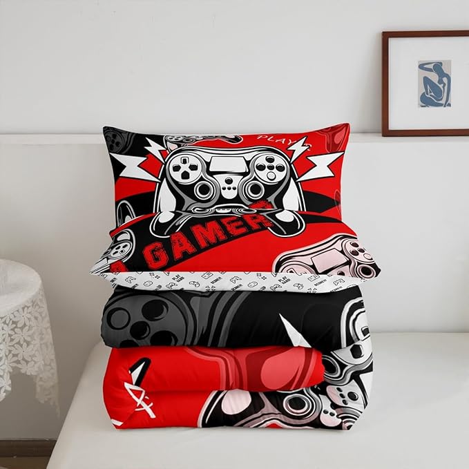 Erosebridal Gamer Comforter Sets for Boys Full Size,Gaming Bedding Sets for Boys Kids Teens Gamepad Gaming Comforter Set Game Room Decor,Red Black 3Pcs