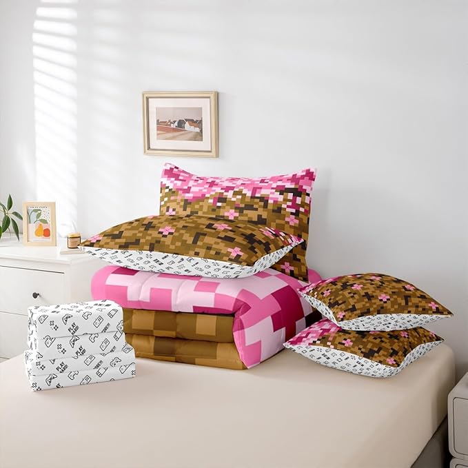 Castle Fairy Miner Theme Games 7 Piece Bedding Set Twin Size,Pixel Pink Brown Comforter & Sheet Sets Building Gamers Bed in a Bag Block Patchwork Flat & Fitted Sheets,4 Pillow Covers
