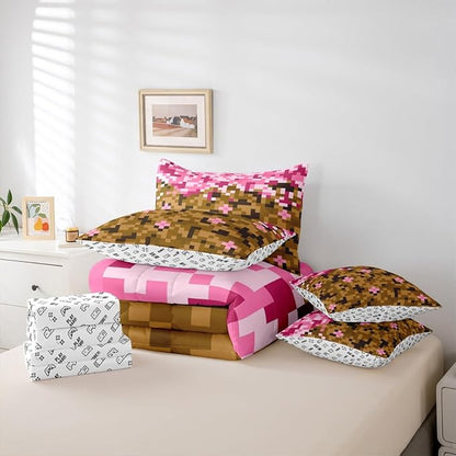 Castle Fairy Miner Theme Games 7 Piece Bedding Set Twin Size,Pixel Pink Brown Comforter & Sheet Sets Building Gamers Bed in a Bag Block Patchwork Flat & Fitted Sheets,4 Pillow Covers