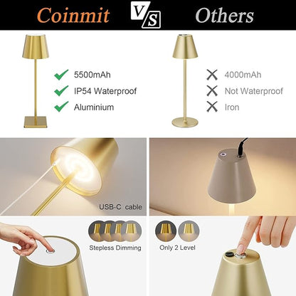 2 Pack Gold Cordless Table Lamp, 5500mAh Battery Powered Table Light Brass, 3 Color Temperatures Stepless Dimmable Rechargeable Table Lamps for Outdoor Restaurant Bedroom 2 Pack