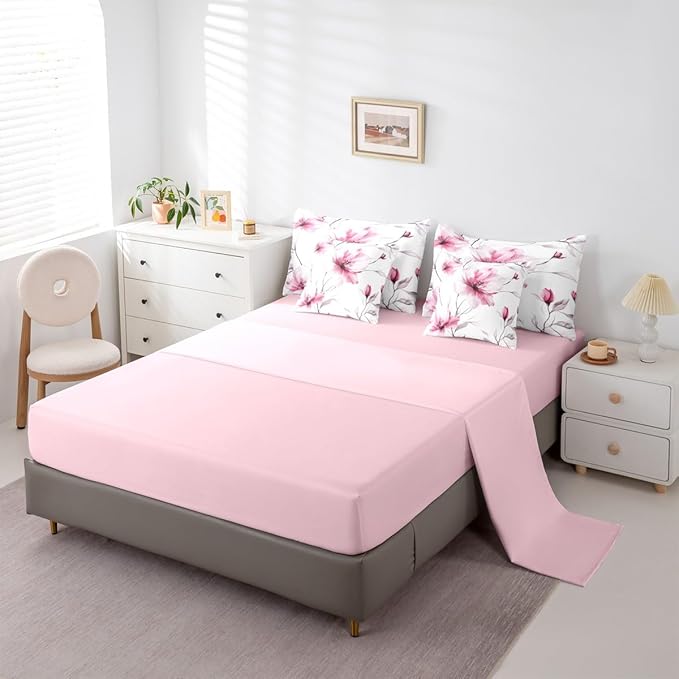 Erosebridal Boho Floral Full Comforter Set with Sheets, Pink Flower 7 Pcs Bedding Set for Young Women Girls Adults, Elegant Watercolor Flower Bed Sets, Ink Painting Style Blossom & Leaf Bed in A Bag