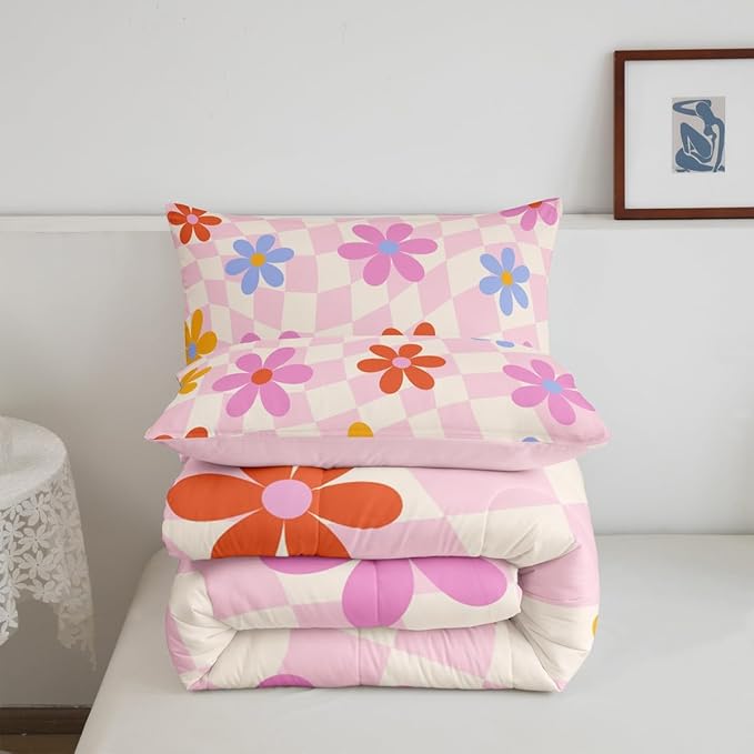 Erosebridal Cute Flower Bedding Set Full,Kawaii Cartoon Floral Comforter Set for Kids Girls Teen Room Decor,Pink Girly Comforter Watercolor Flowers Geometric Plaid Grids Bed Set