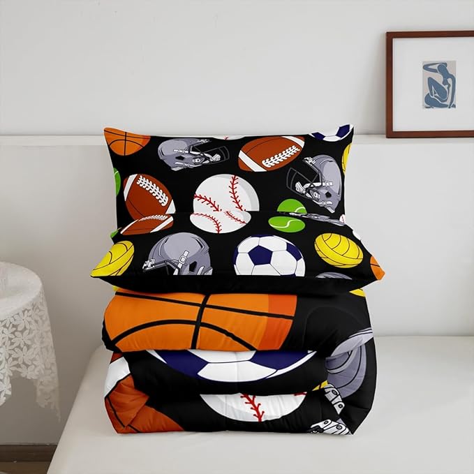 Feelyou Basketball Comforter Set Full Size Sports Game Comforter for Boys Girls Teens Baseball Bedding Set Football Duvet Set Room Decor Carbon Black Mixed Ball Quilt Set