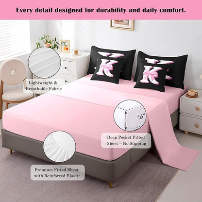 jejeloiu Kids Girls Black Pink Bow Comforter Set with Sheets King Size Monogrammed 7 Piece Bedding Set Personalized Initial K Bed in a Bag with Comforter,Sheets,Pillowcases Modern Fashion Bed Set
