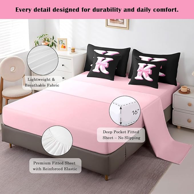 jejeloiu Kids Girls Black Pink Bow Comforter Set with Sheets Full Size Monogrammed 7 Piece Bedding Set Personalized Initial K Bed in a Bag with Comforter,Sheets,Pillowcases Modern Fashion Bed Set