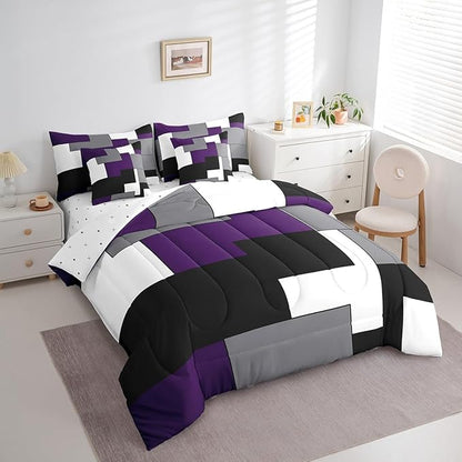 Erosebridal 7 Pcs Geometric Comforter Set Full Size,Square Bed in a Bag with Flat Fitted Sheet for Kids and Adults,Purple Black White Abstract Art Bedding Set with Pillowcases and Cushion Cases