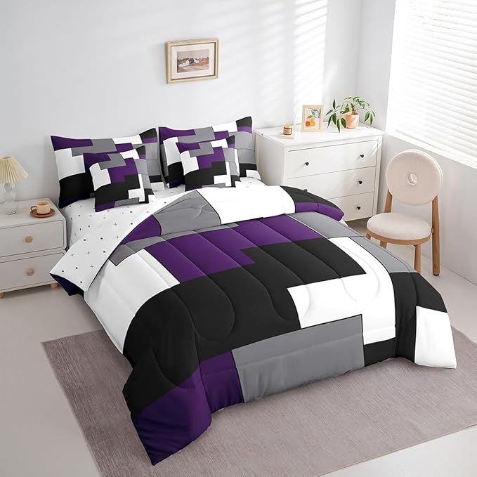 Erosebridal 7 Pcs Geometric Comforter Set King Size,Square Bed in a Bag with Flat Fitted Sheet for Kids and Adults,Purple Black White Abstract Art Bedding Set with Pillowcases and Cushion Cases
