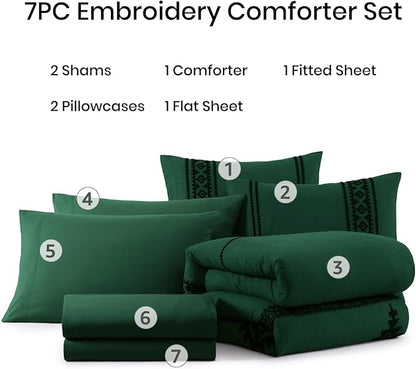 MaiRêve Embroidery Comforter Set, Boho Farmhouse Western Bedding Set, All Season Bed in A Bag Comforter Set with Sheets, Pillowcases & Shams, Emerald Green Queen 7 Pieces