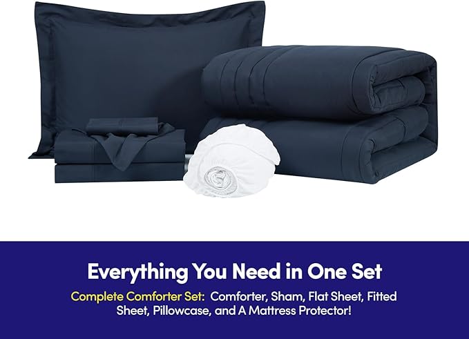 Twin Size Comforter Set Quilted Stripe Bedding Bundle – Stylish Set with Comforter, Mattress Protector, Sheet Set & Pillow Shams — Sophisticated Striped Design for Home & Guest Rooms, Navy Blue
