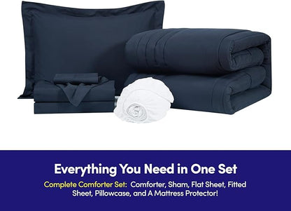 Twin Size Comforter Set Quilted Stripe Bedding Bundle – Stylish Set with Comforter, Mattress Protector, Sheet Set & Pillow Shams — Sophisticated Striped Design for Home & Guest Rooms, Navy Blue