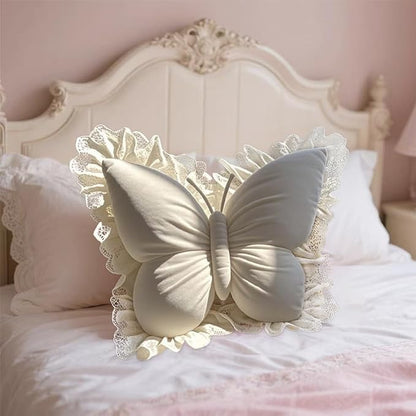 Butterfly Throw Pillow,21.6 inch Velvet Butterfly Decorative Pillow with Lace Trim,Animal Pillow for Couch Living Room Bed,Home Garden Decor (Off-White)