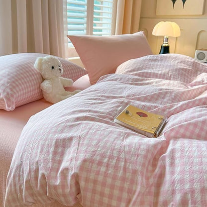 Nayoroom Pink Gingham Comforter Set Queen Size Plaid Checkered Comforter 3 Pcs Soft Lightweight Grid Farmhouse Dorm Bedding Set for All Seasons (1 Comforter, 2 Pillowcases)